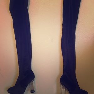 Black Thigh High Velvet Heel Boots